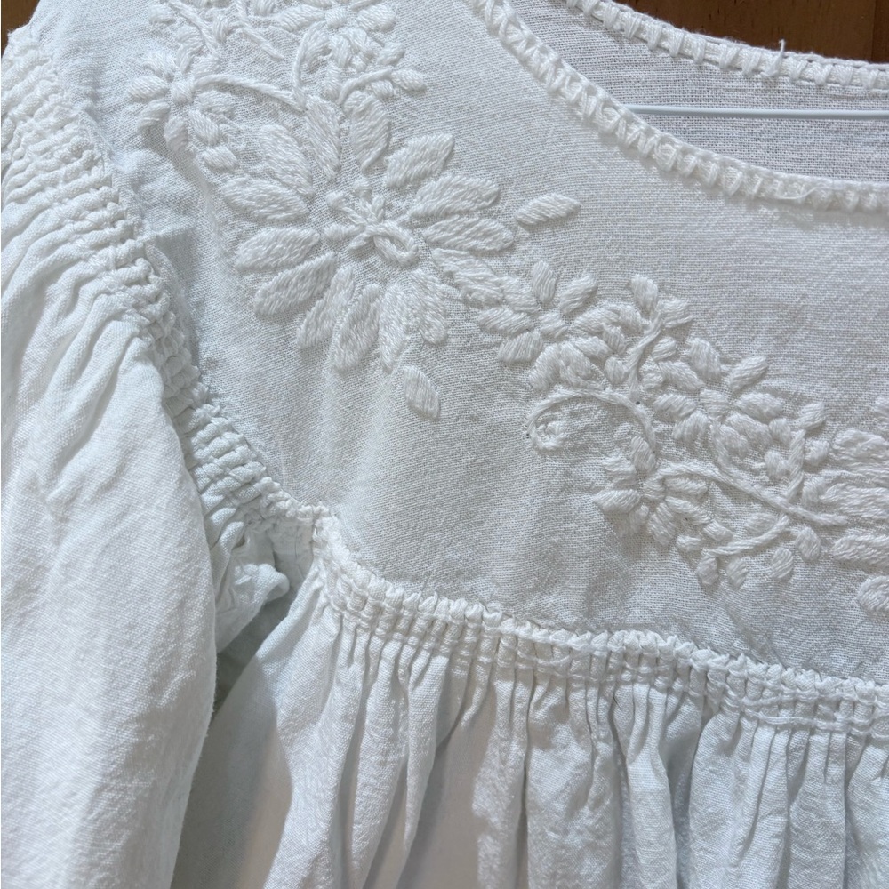 White Cotton Peasant Blouse with Embroidery - Picture 3 of 7
